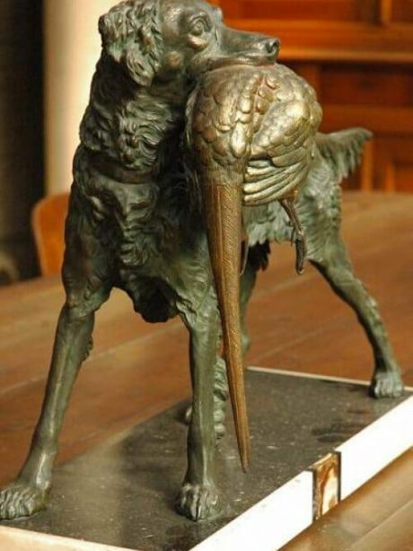 Regule metal dog statue with bird on marble plinth