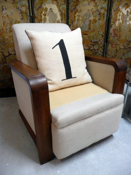 Pair of art deco oak framed chairs partially recovered in linen