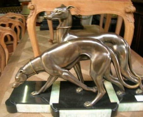 Art Deco bronze greyhounds on marble base c.1920