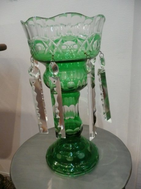 Pair of green bohemian crystal epergnes c.1880