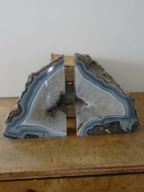 A pair of large blue, grey and purple crystallized agate Pierre Goedes bookends