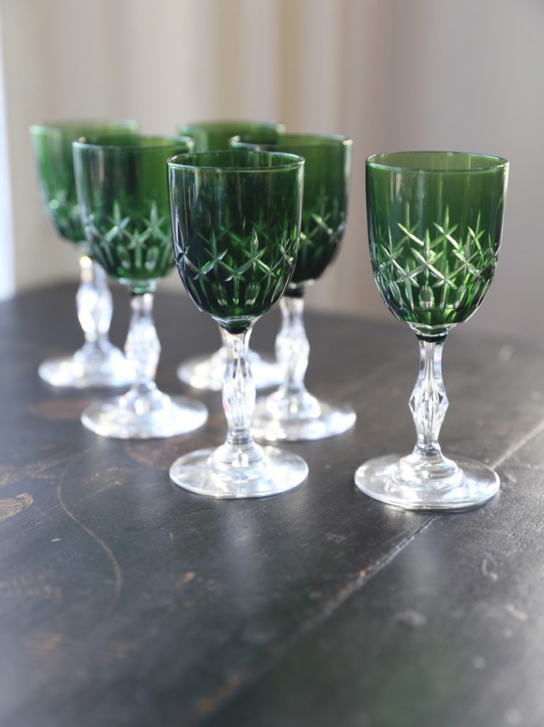 Set Of Six Emerald Green Crystal Aperitif Glasses European Antiques