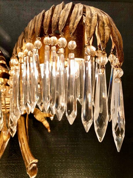 A pair of mid-century crystal & bronze palm frond wall sconces c.1940