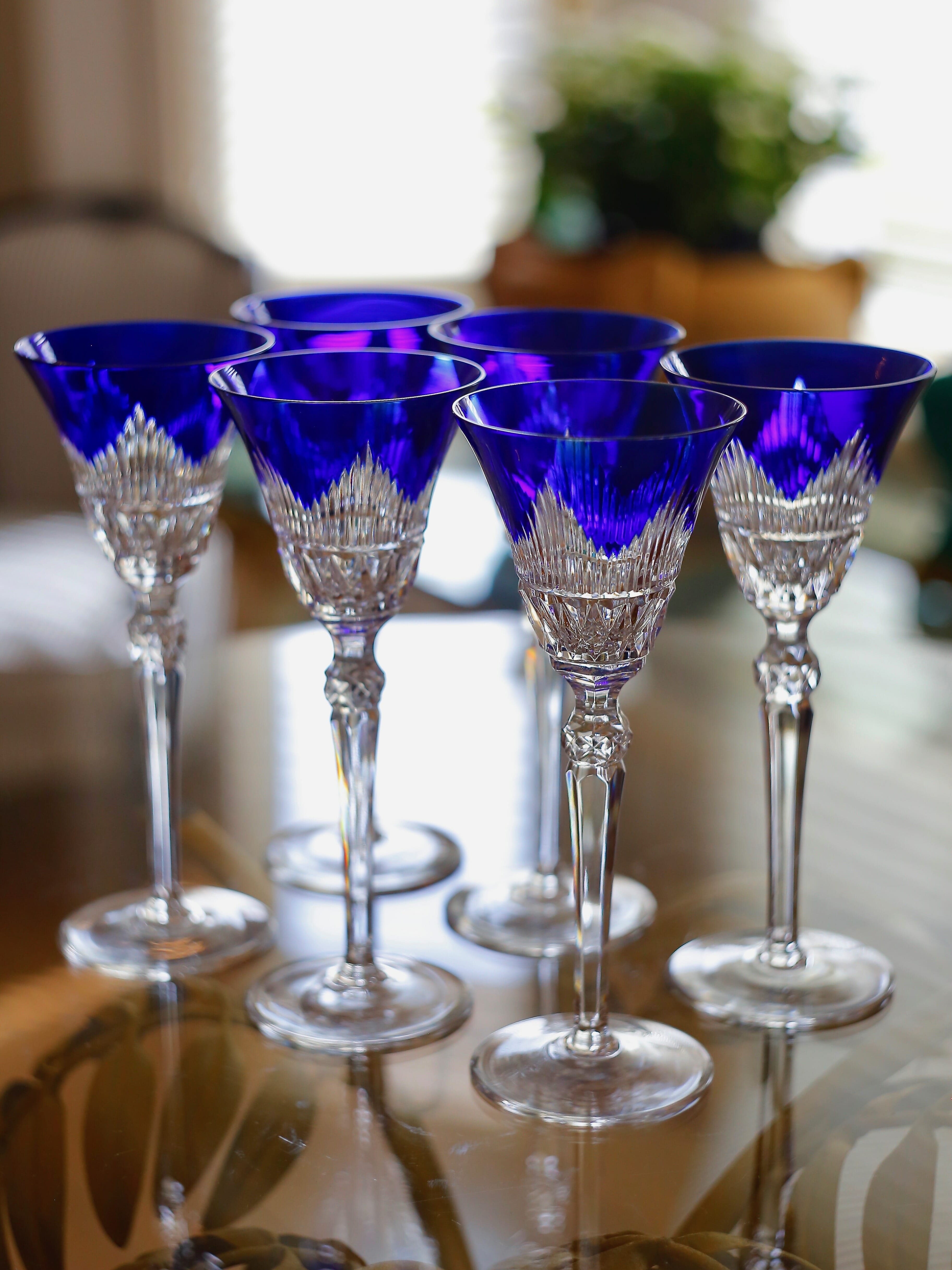 Tall Cobalt Blue crystal wine glass set - European Antiques