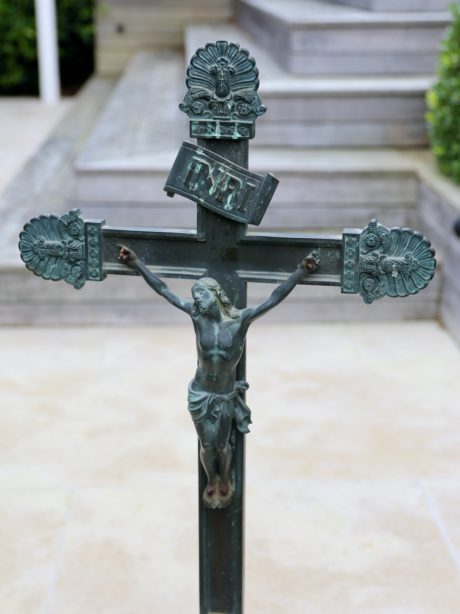 Antique verdigris bronze Gothic Revival altar crucifix