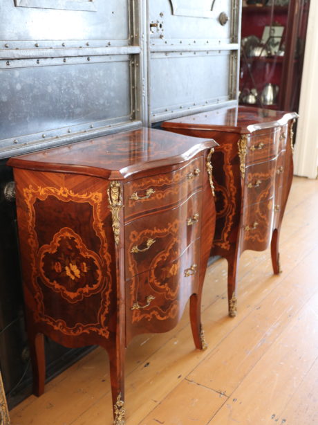 Pair of mahogany marquetry bombe commodes