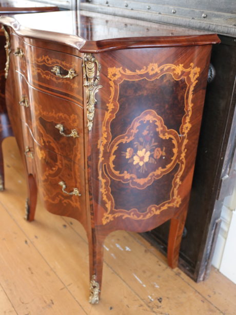 Pair of mahogany marquetry bombe commodes