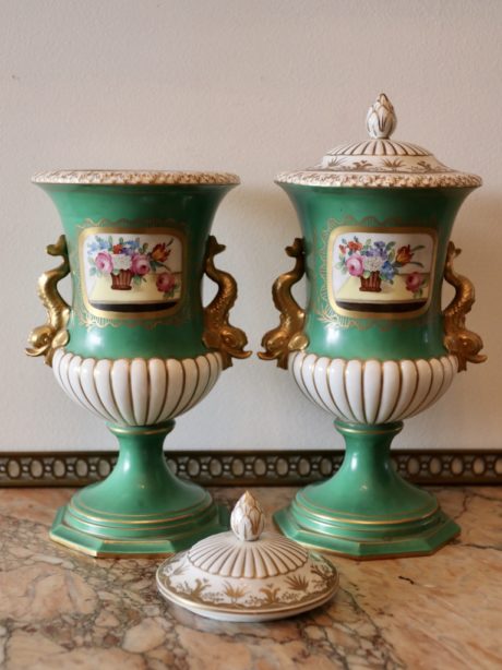 Pair of antique German Dresden porcelain urns