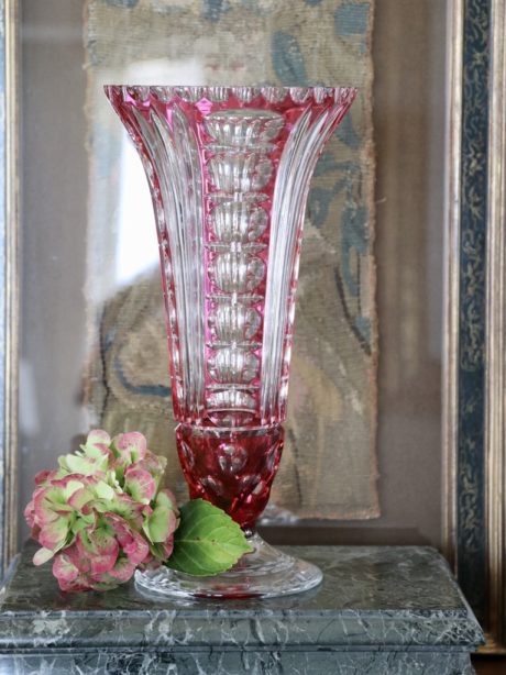 Val St Lambert cranberry cut to clear trumpet vase