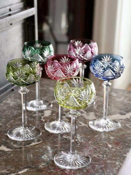 Harlequin set of midcentury VSL crystal wine glasses