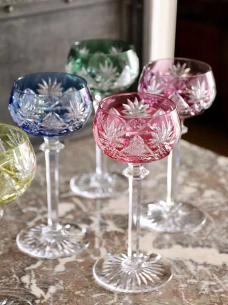 Harlequin set of midcentury VSL crystal wine glasses