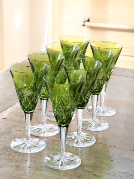 Green cut to clear crystal champagne glasses