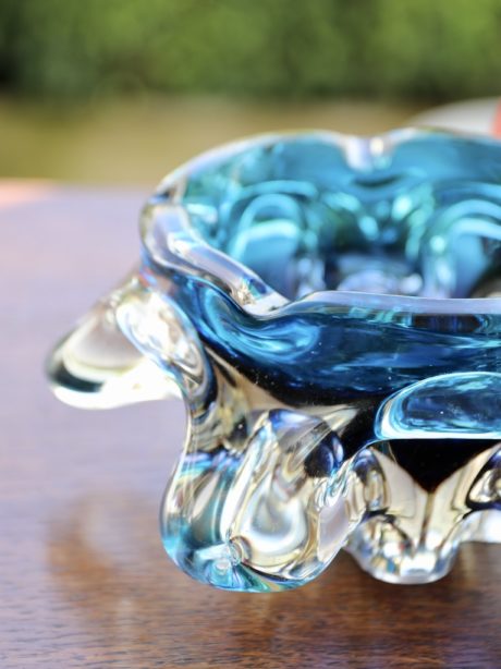 Vintage Murano blue and clear glass ashtray