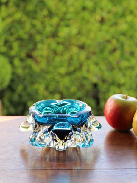 Vintage Murano blue and clear glass ashtray