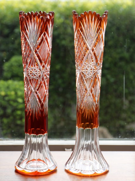 Pair of Val St Lambert ocher cut crystal vases