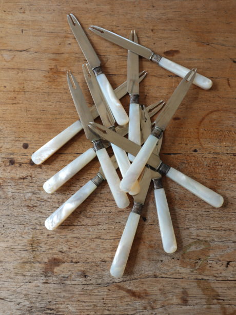 Boxed set of twelve mother of pearl fruit forks