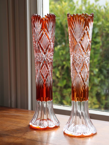 Pair of Val St Lambert ocher cut crystal vases