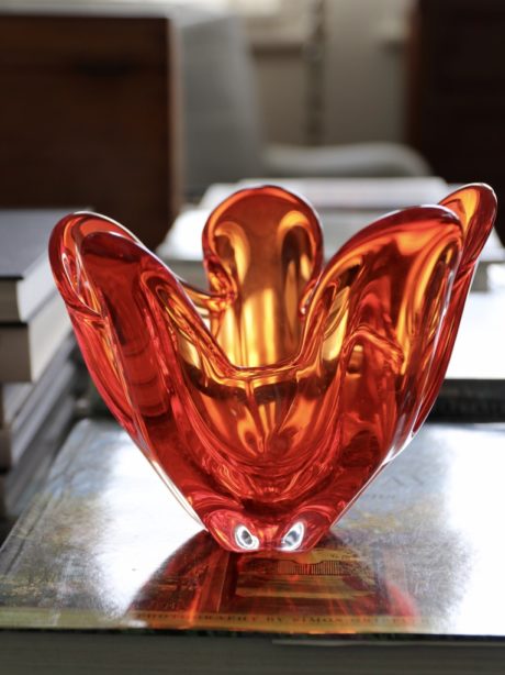 Mid century Japanese vibrant orange art glass vase