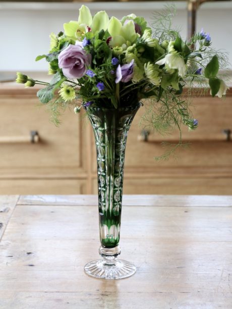 Bohemian emerald and clear glass trumpet vase