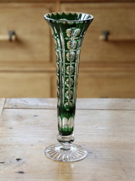 Bohemian emerald and clear glass trumpet vase