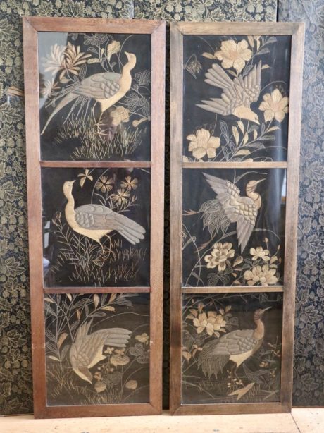 Antique Asian hand embroidered pair of panels