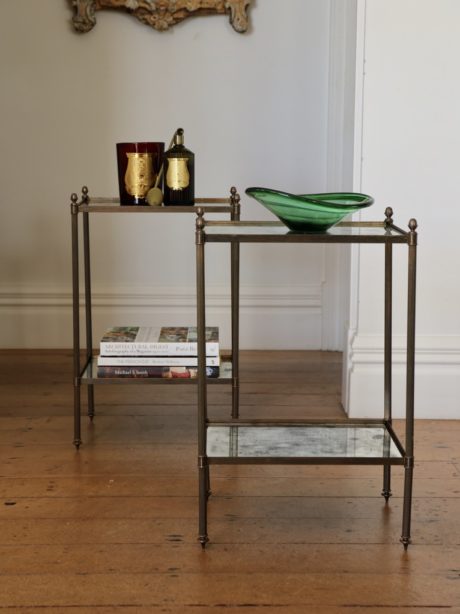 Pair of Hollywood Regency brass framed side tables